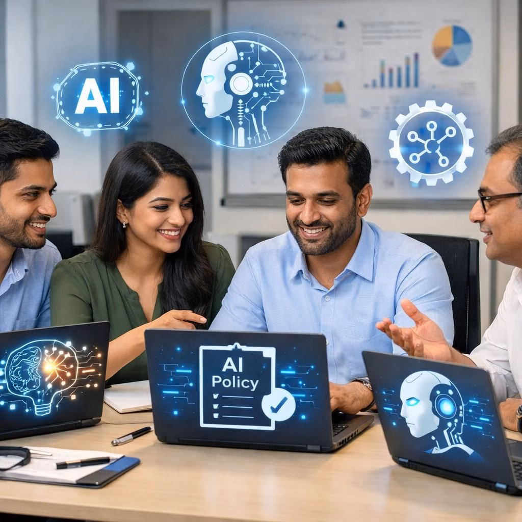 Indian IT and AI policy frontline: a simple office scene with AI icons