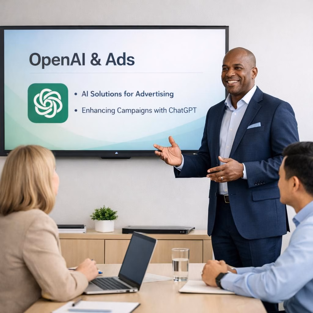 OpenAI Ads 2026: a professional office scene with a presenter and a slide about AI-powered advertising in a clean boardroom